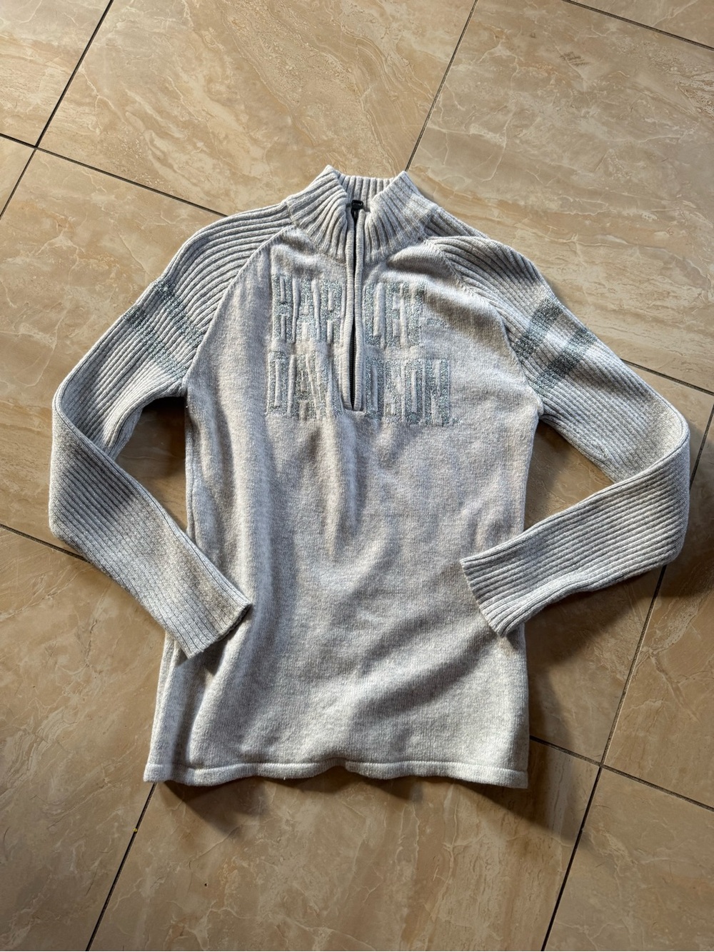 Harley-Davidson Light Gray Ribbed Quarter-Zip Turtleneck Sweater